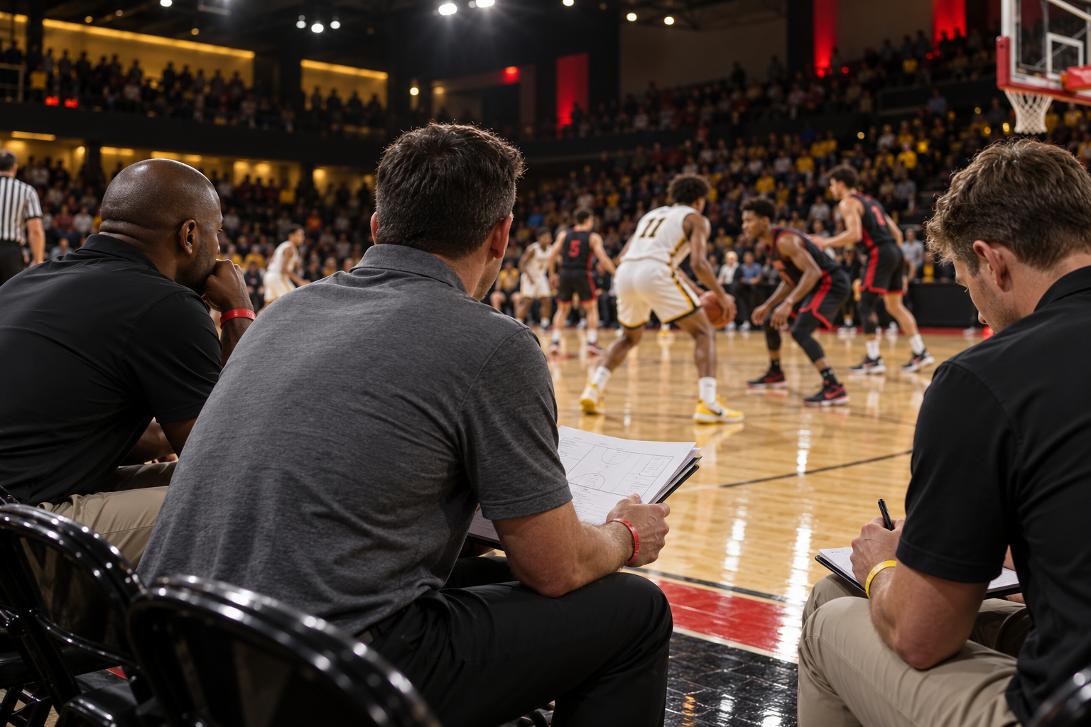 Editorial illustration of three college coaches seated courtside watching a basketball game