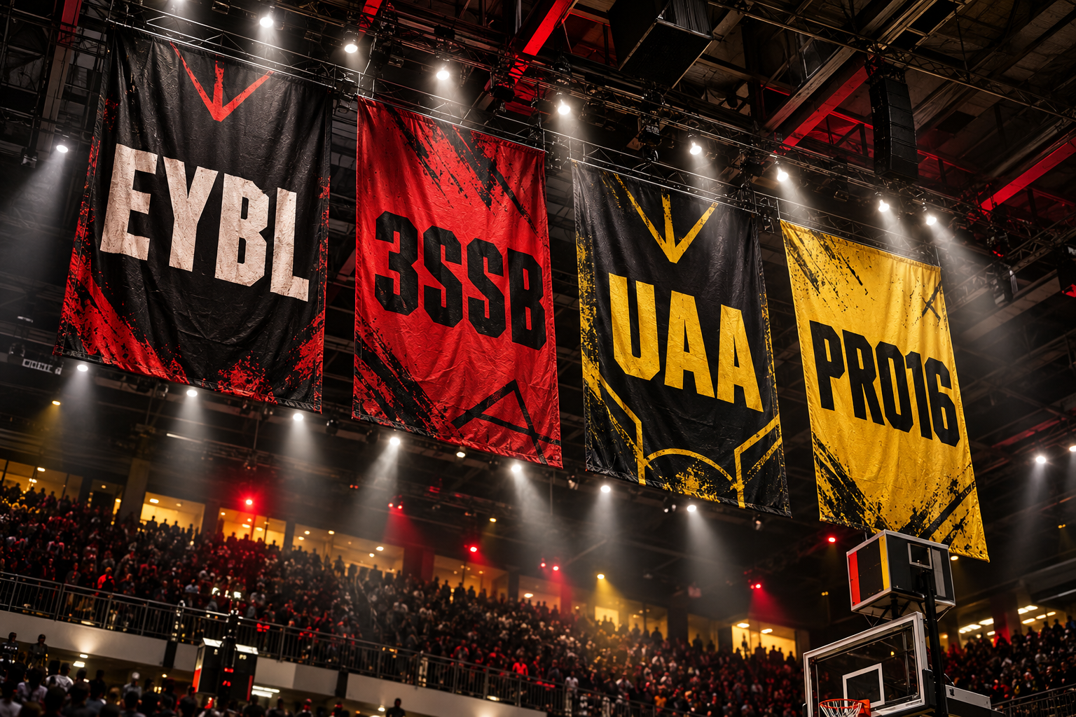 Editorial illustration of EYBL, 3SSB, UAA and PRO16 circuit banners hanging above a basketball court